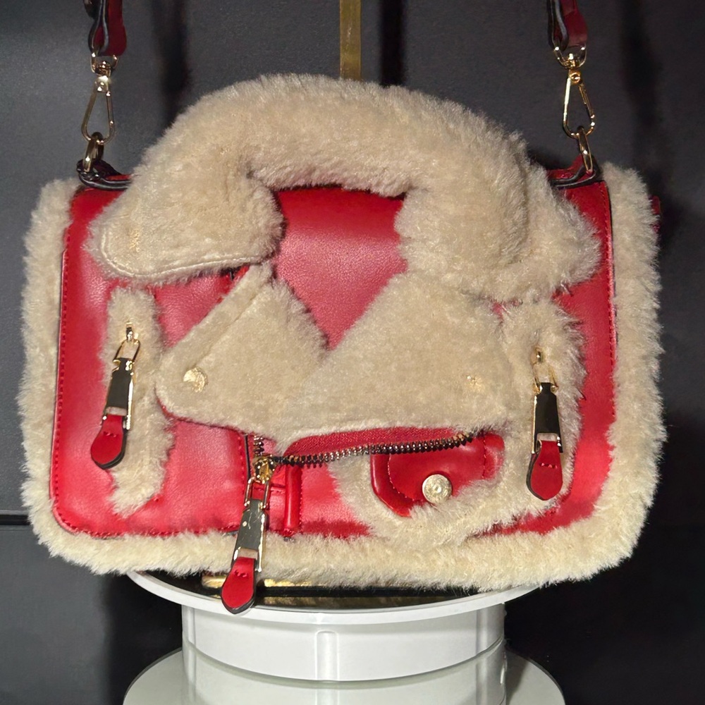 Red Jacket Crossbody Bag w/Shearling Trim 10.5” x 6.5” x 4” Drop 21”
